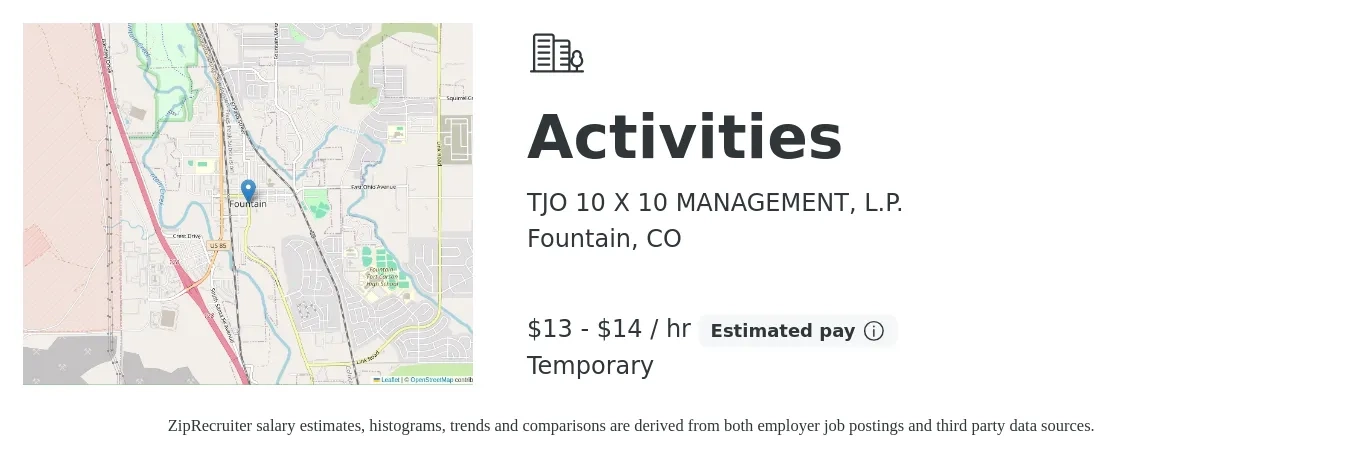 TJO 10 X 10 MANAGEMENT, L.P. job posting for a Activities in Fountain, CO with a salary of $14 to $16 Hourly with a map of Fountain location.