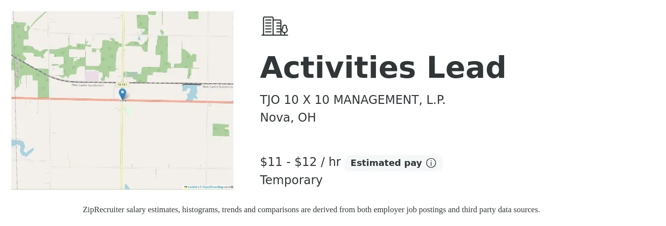 TJO 10 X 10 MANAGEMENT, L.P. job posting for a Activities Lead in Nova, OH with a salary of $12 to $14 Hourly with a map of Nova location.