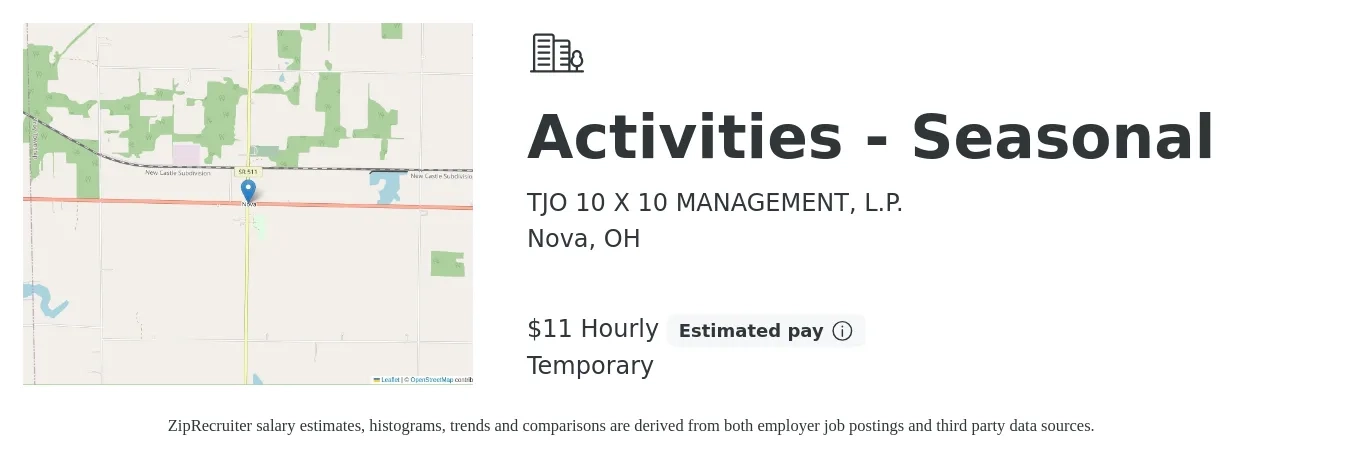 TJO 10 X 10 MANAGEMENT, L.P. job posting for a Activities - Seasonal in Nova, OH with a salary of $12 Hourly with a map of Nova location.