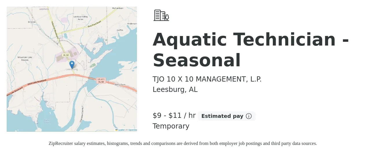 TJO 10 X 10 MANAGEMENT, L.P. job posting for a Aquatic Technician - Seasonal in Leesburg, AL with a salary of $10 to $12 Hourly with a map of Leesburg location.