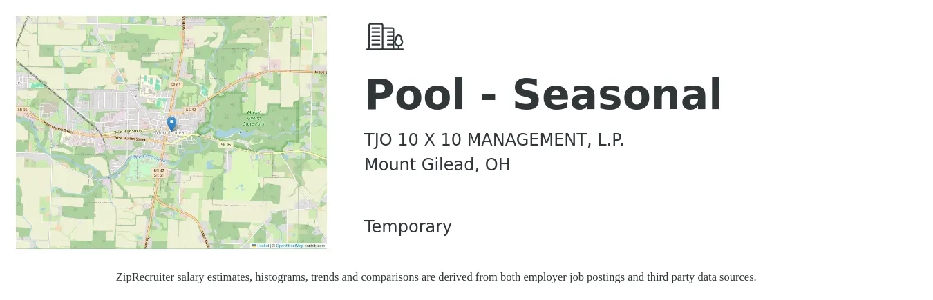 TJO 10 X 10 MANAGEMENT, L.P. job posting for a Pool - Seasonal in Mount Gilead, OH with a salary of $10 to $14 Hourly with a map of Mount Gilead location.