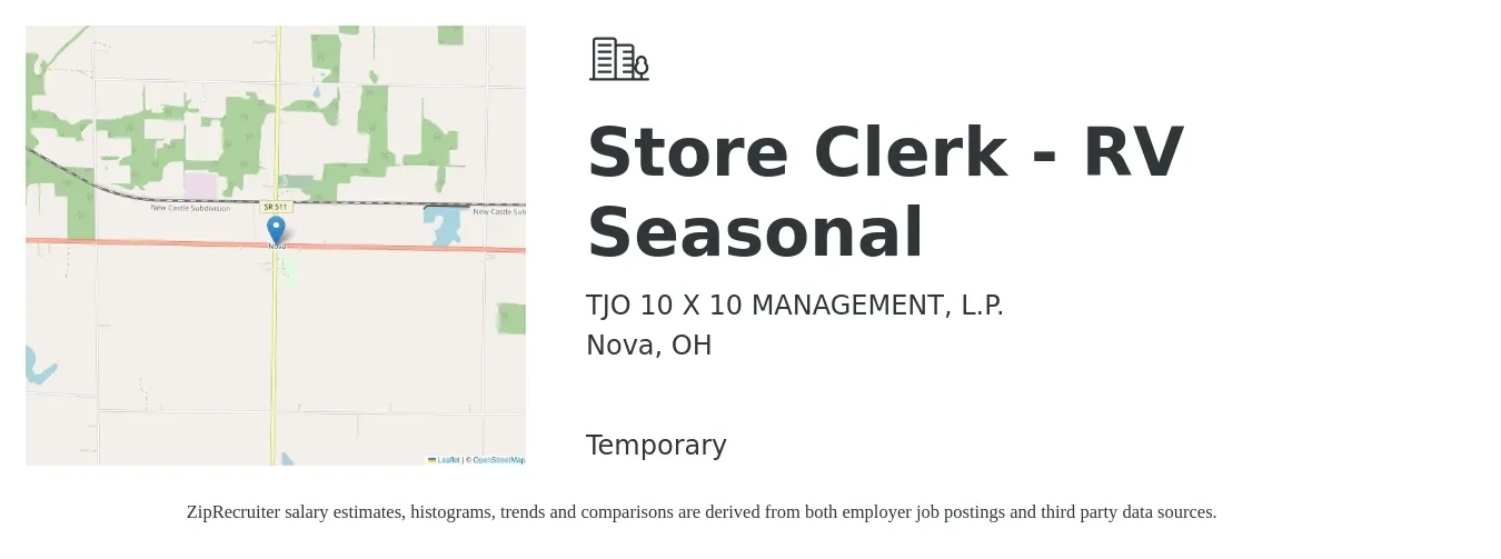 TJO 10 X 10 MANAGEMENT, L.P. job posting for a Store Clerk - RV Seasonal in Nova, OH with a salary of $12 to $15 Hourly with a map of Nova location.