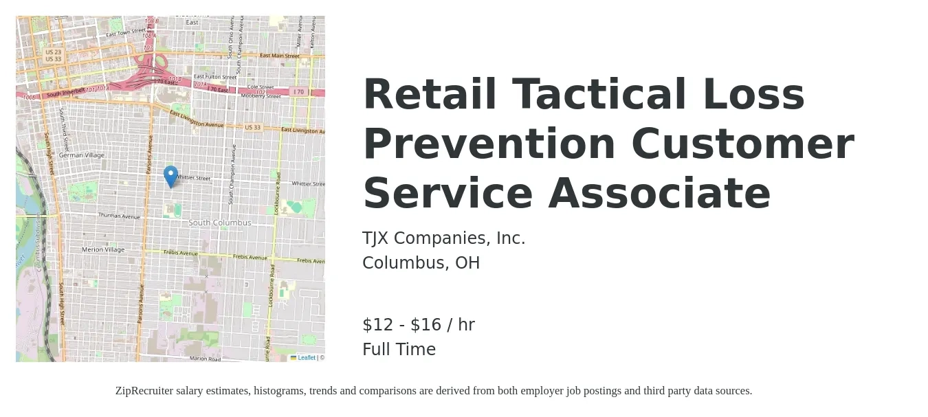 TJX Companies, Inc. job posting for a Retail Tactical Loss Prevention Customer Service Associate in Columbus, OH with a salary of $13 to $17 Hourly with a map of Columbus location.