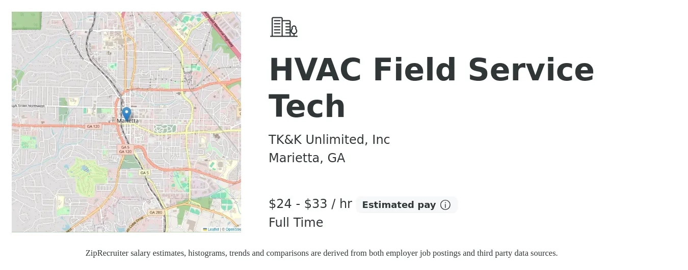 TK&K Unlimited, Inc job posting for a HVAC Field Service Tech in Marietta, GA with a salary of $25 to $35 Hourly with a map of Marietta location.