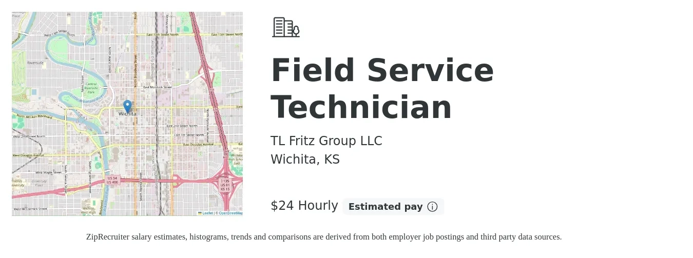 TL Fritz Group LLC job posting for a Field Service Technician in Wichita, KS with a salary of $25 Hourly with a map of Wichita location.