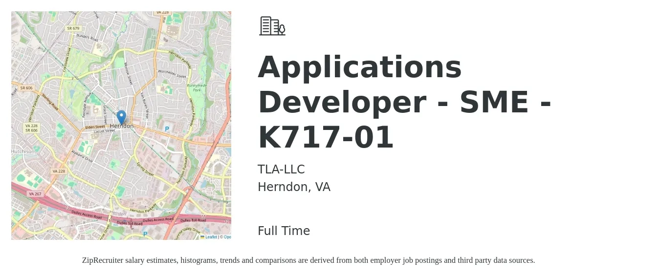 TLA-LLC job posting for a Applications Developer - SME - K717-01 in Herndon, VA with a salary of $45 to $65 Hourly with a map of Herndon location.