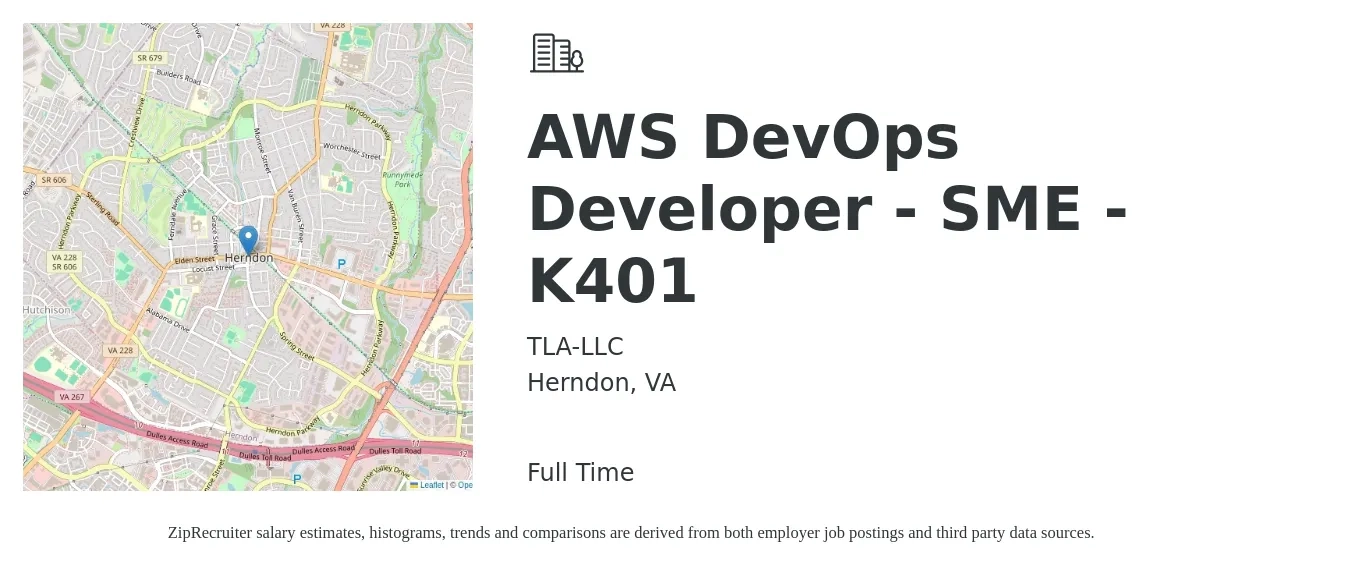 TLA-LLC job posting for a AWS DevOps Developer - SME - K401 in Herndon, VA with a salary of $54 to $74 Hourly with a map of Herndon location.
