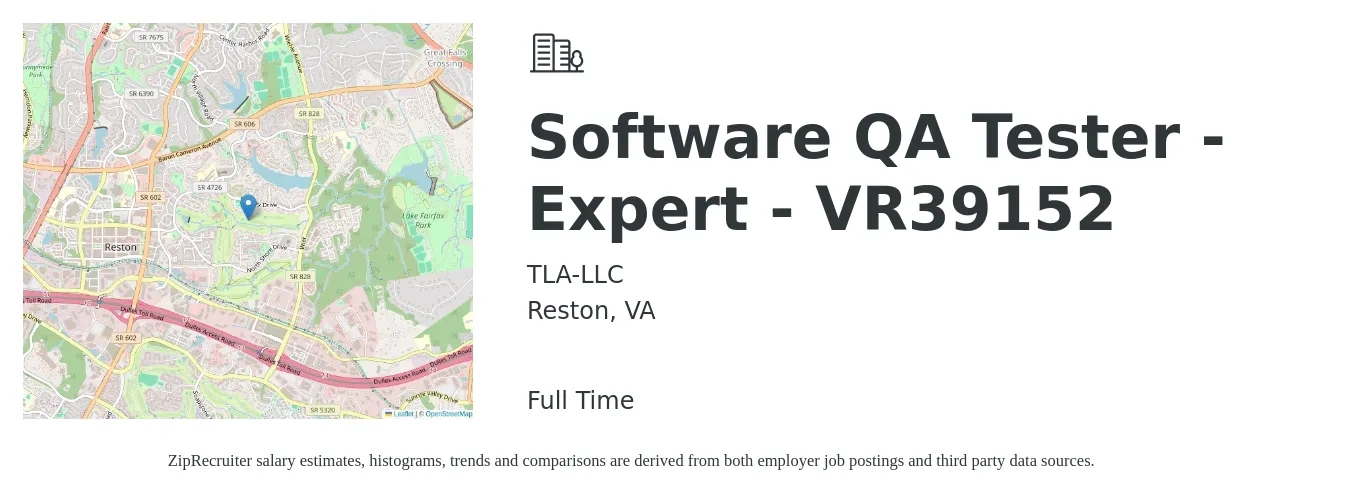 TLA-LLC job posting for a Software QA Tester - Expert - VR39152 in Reston, VA with a salary of $30 to $53 Hourly with a map of Reston location.