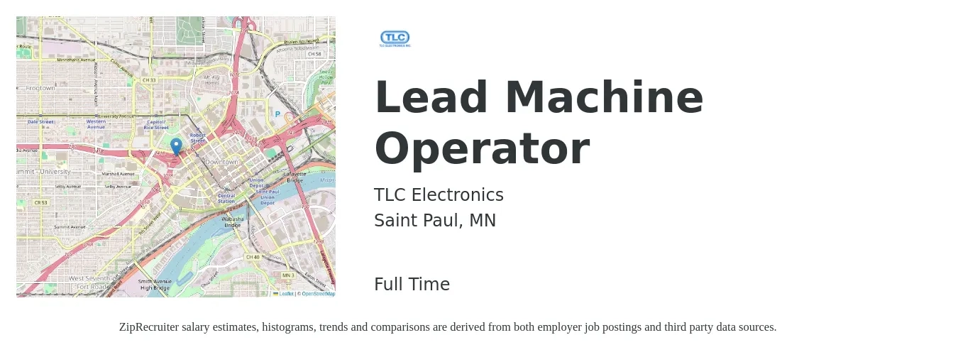TLC Electronics job posting for a Lead Machine Operator in Saint Paul, MN with a salary of $26 Hourly with a map of Saint Paul location.
