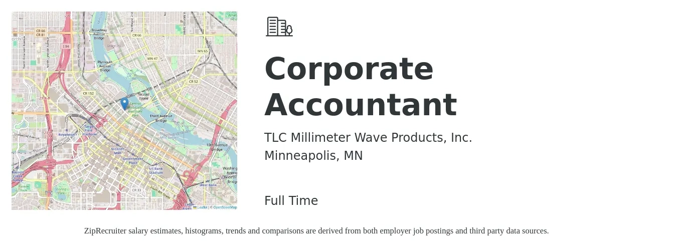 TLC Millimeter Wave Products, Inc. job posting for a Corporate Accountant in Minneapolis, MN with a salary of $67,800 to $91,800 Yearly with a map of Minneapolis location.