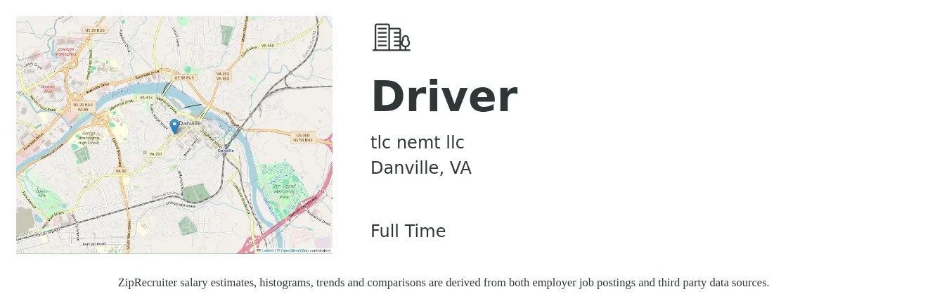 tlc nemt llc job posting for a Driver in Danville, VA with a salary of $15 to $21 Hourly with a map of Danville location.