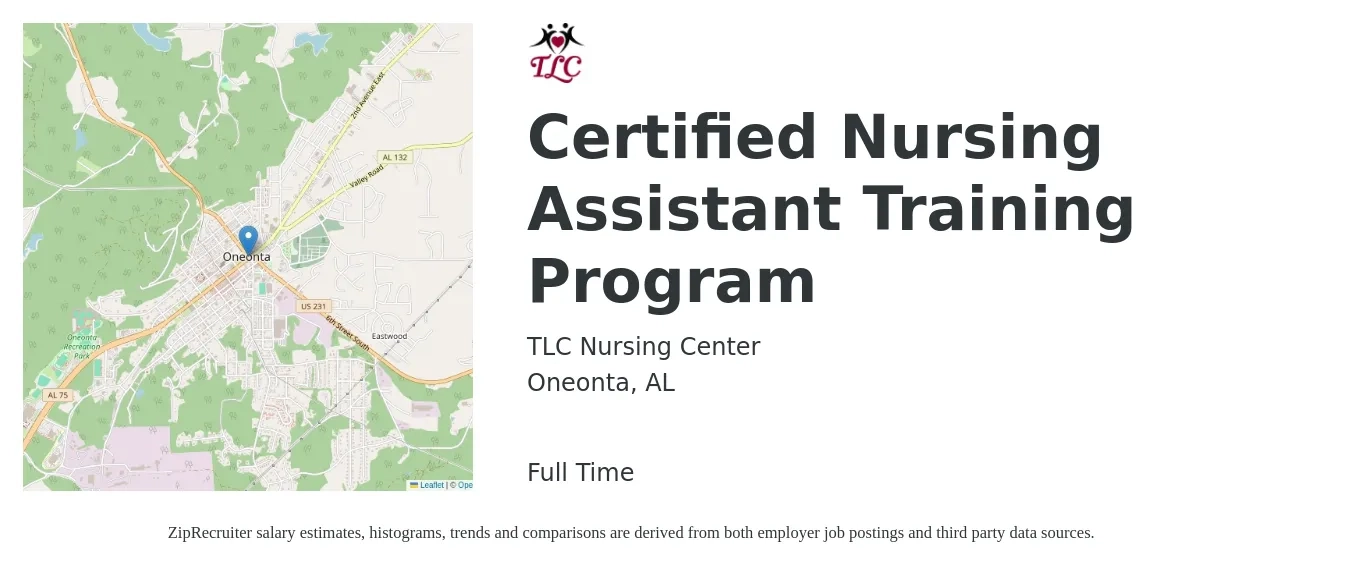 TLC Nursing Center job posting for a Certified Nursing Assistant Training Program in Oneonta, AL with a salary of $14 to $19 Hourly with a map of Oneonta location.