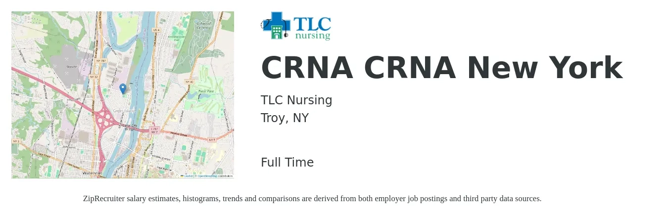 TLC Nursing job posting for a CRNA CRNA New York in Troy, NY with a salary of $94 to $171 Hourly with a map of Troy location.