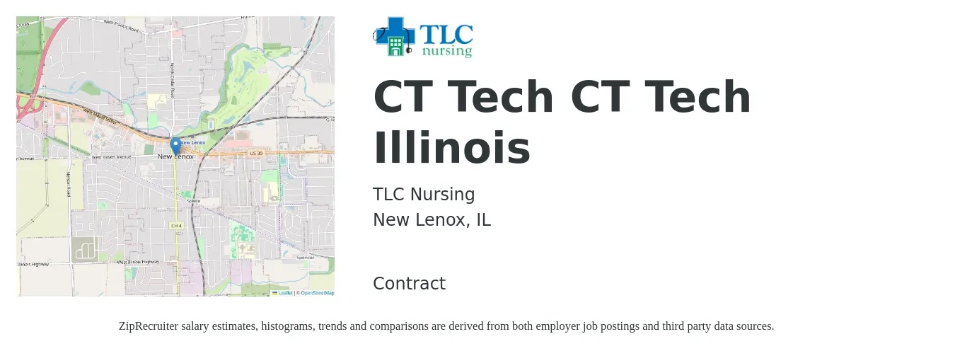 TLC Nursing job posting for a CT Tech CT Tech Illinois in New Lenox, IL with a salary of $36 to $66 Hourly with a map of New Lenox location.