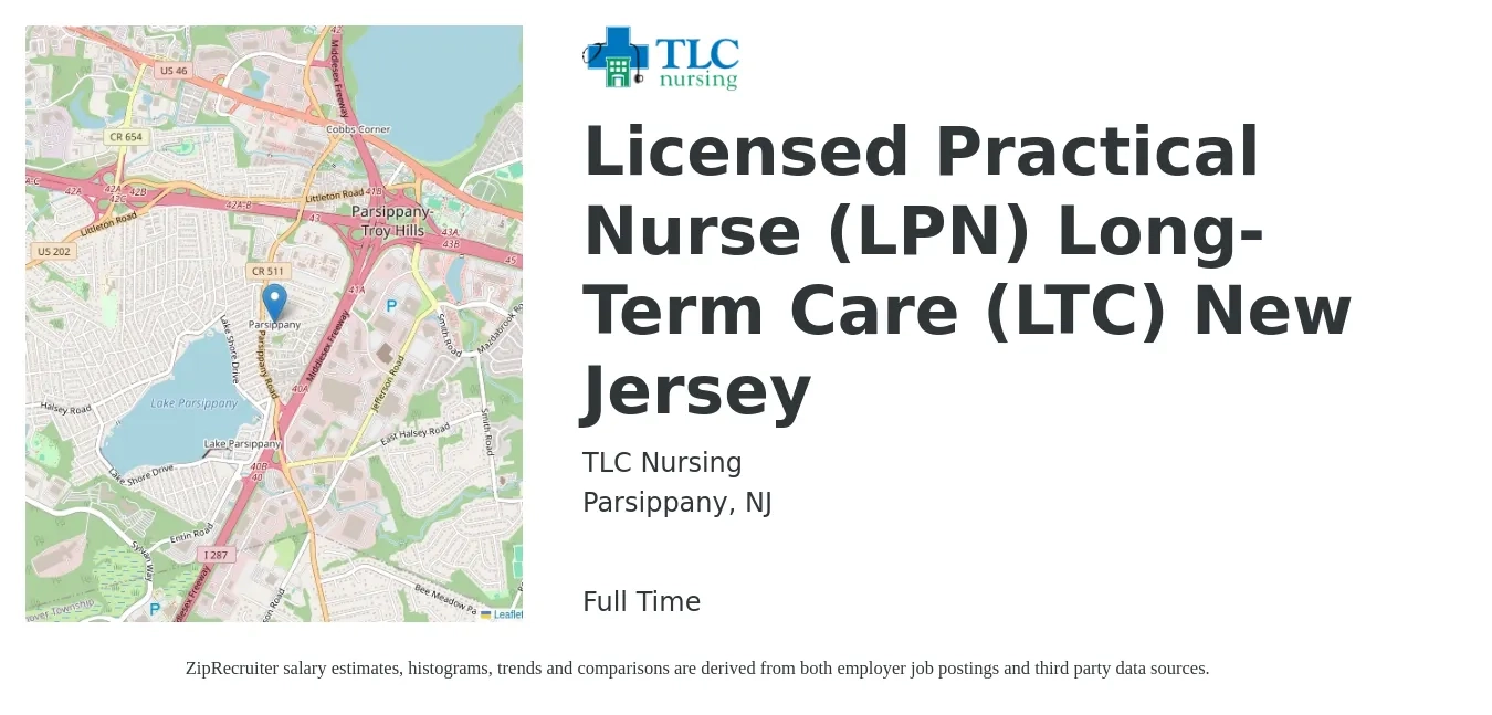 TLC Nursing job posting for a Licensed Practical Nurse (LPN) Long-Term Care (LTC) New Jersey in Parsippany, NJ with a salary of $26 to $35 Hourly with a map of Parsippany location.