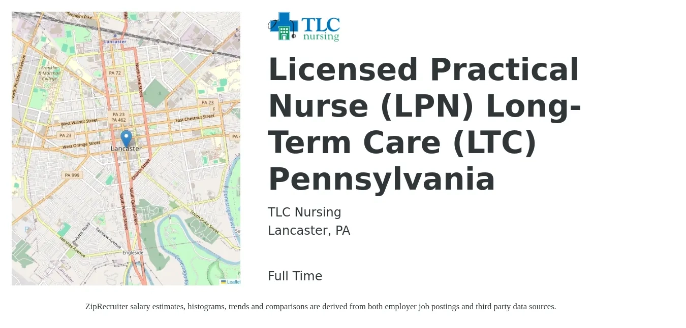TLC Nursing job posting for a Licensed Practical Nurse (LPN) Long-Term Care (LTC) Pennsylvania in Lancaster, PA with a salary of $25 to $34 Hourly with a map of Lancaster location.