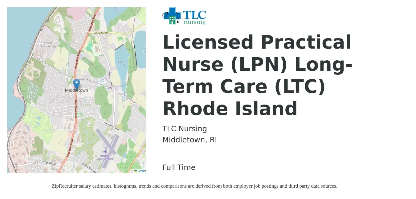 TLC Nursing job posting for a Licensed Practical Nurse (LPN) Long-Term Care (LTC) Rhode Island in Middletown, RI with a salary of $26 to $35 Hourly with a map of Middletown location.