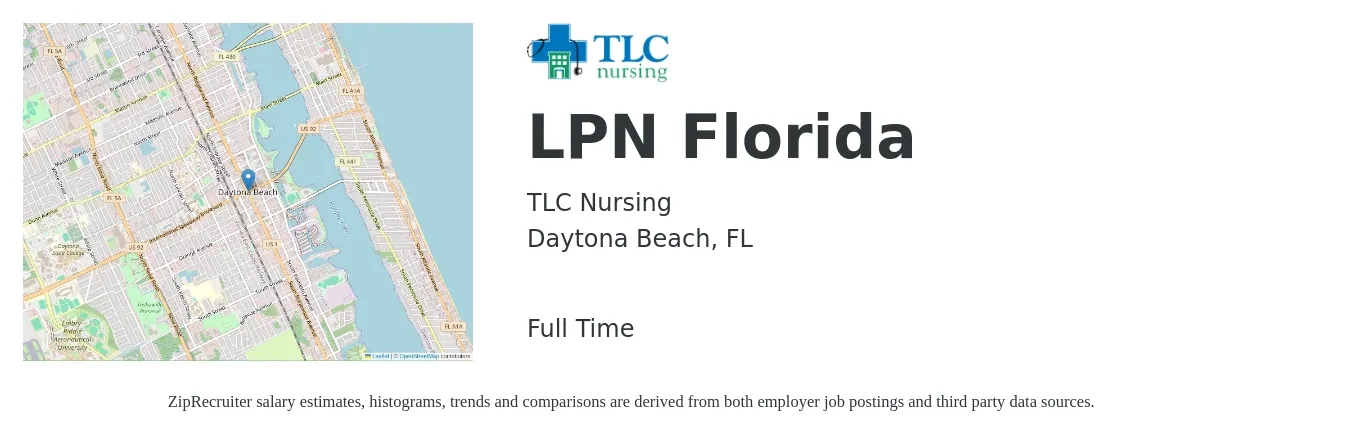 TLC Nursing job posting for a LPN Florida in Daytona Beach, FL with a salary of $25 to $34 Hourly with a map of Daytona Beach location.