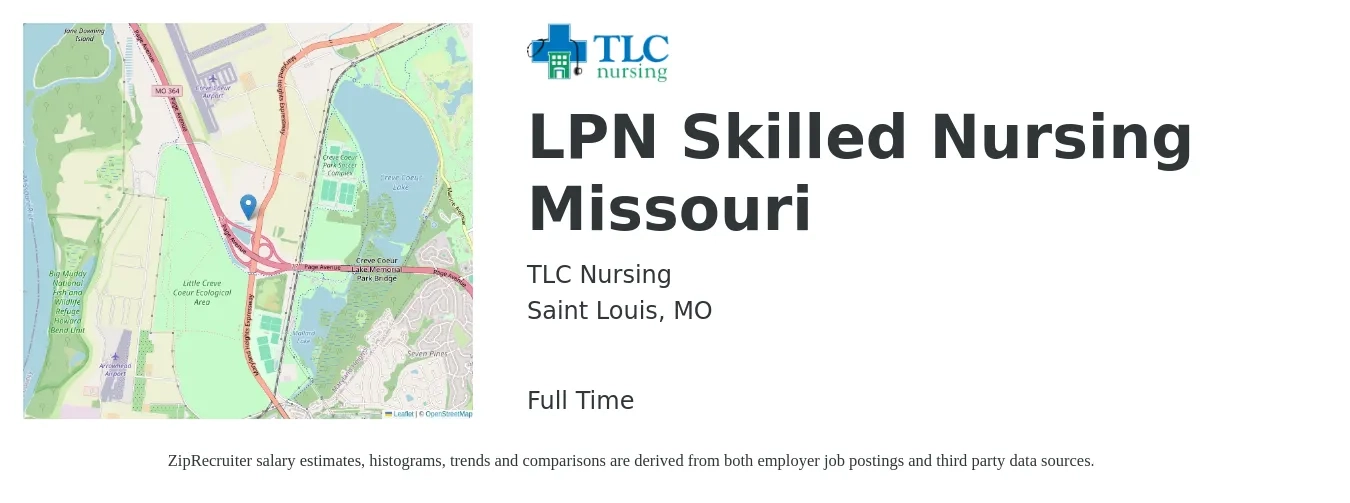 TLC Nursing job posting for a LPN Skilled Nursing Missouri in Saint Louis, MO with a salary of $24 to $33 Hourly with a map of Saint Louis location.