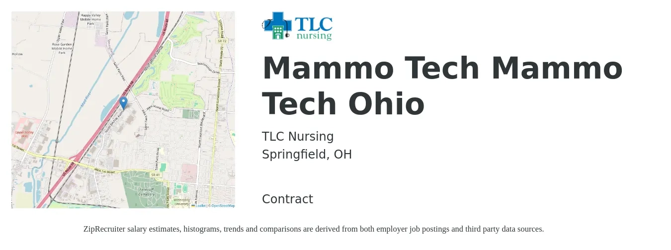 TLC Nursing job posting for a Mammo Tech Mammo Tech Ohio in Springfield, OH with a salary of $1,680 to $2,410 Weekly with a map of Springfield location.