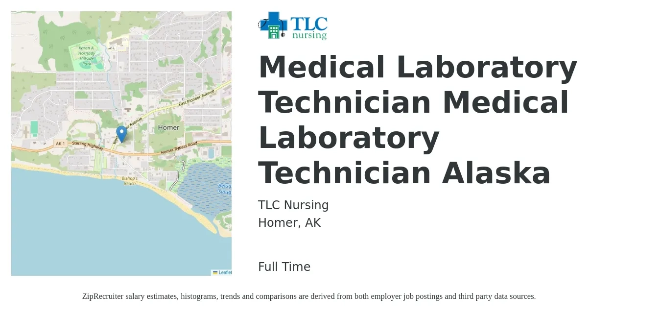 TLC Nursing job posting for a Medical Laboratory Technician Medical Laboratory Technician Alaska in Homer, AK with a salary of $10,000 Weekly with a map of Homer location.