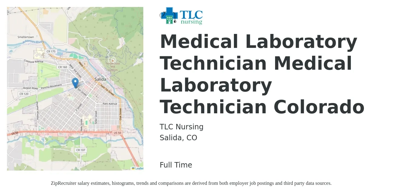 TLC Nursing job posting for a Medical Laboratory Technician Medical Laboratory Technician Colorado in Salida, CO with a salary of $1,120 to $2,300 Weekly with a map of Salida location.