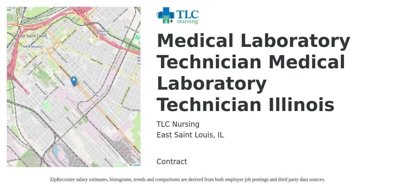 TLC Nursing job posting for a Medical Laboratory Technician Medical Laboratory Technician Illinois in East Saint Louis, IL with a salary of $1,090 to $2,230 Weekly with a map of East Saint Louis location.