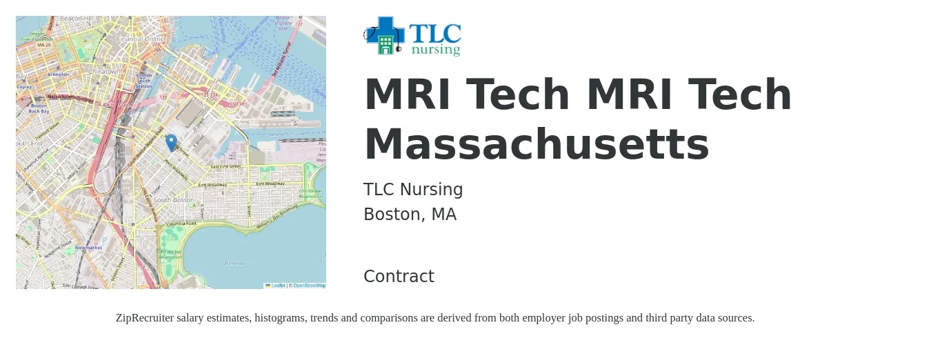 TLC Nursing job posting for a MRI Tech MRI Tech Massachusetts in Boston, MA with a salary of $1,810 to $2,930 Weekly with a map of Boston location.