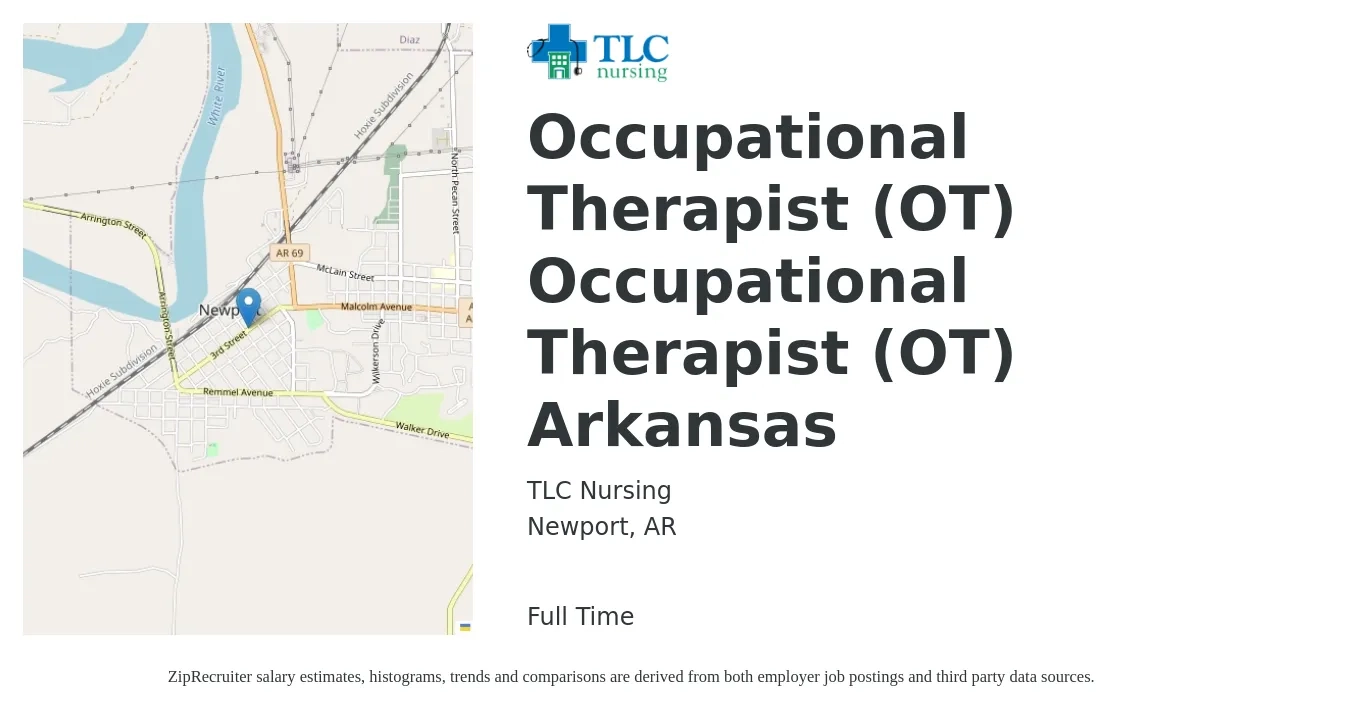TLC Nursing job posting for a Occupational Therapist (OT) Occupational Therapist (OT) Arkansas in Newport, AR with a salary of $35 to $46 Hourly with a map of Newport location.