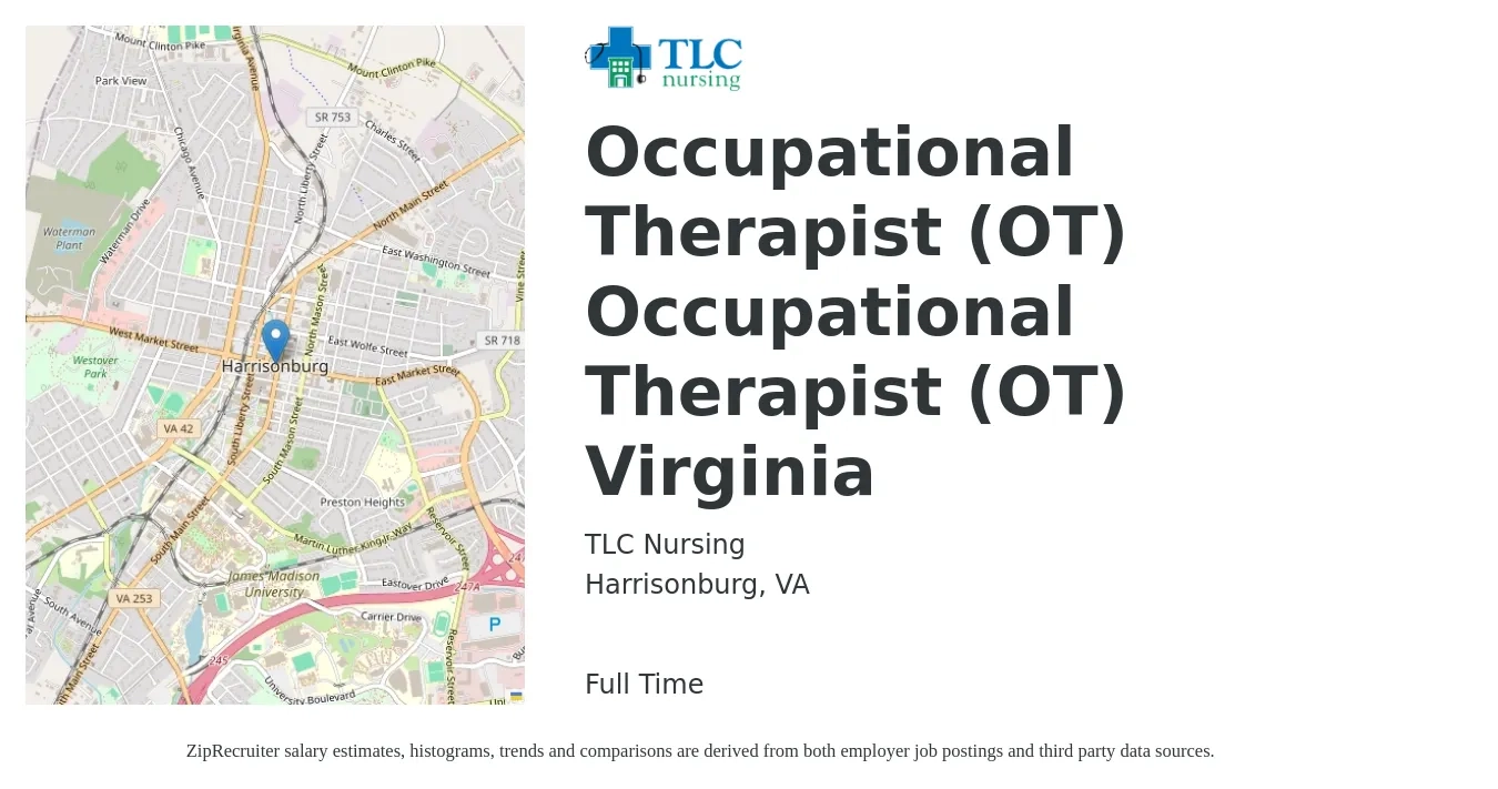 TLC Nursing job posting for a Occupational Therapist (OT) Occupational Therapist (OT) Virginia in Harrisonburg, VA with a salary of $38 to $50 Hourly with a map of Harrisonburg location.