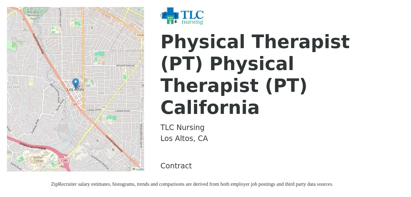 TLC Nursing job posting for a Physical Therapist (PT) Physical Therapist (PT) California in Los Altos, CA with a salary of $1,960 to $2,540 Weekly with a map of Los Altos location.