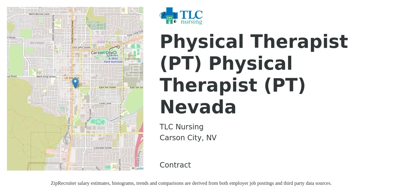 TLC Nursing job posting for a Physical Therapist (PT) Physical Therapist (PT) Nevada in Carson City, NV with a salary of $1,630 to $2,110 Weekly with a map of Carson City location.