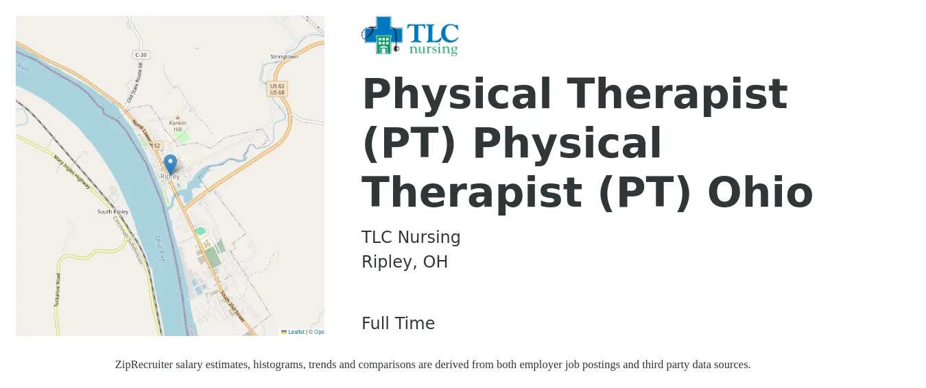 TLC Nursing job posting for a Physical Therapist (PT) Physical Therapist (PT) Ohio in Ripley, OH with a salary of $1,460 to $1,890 Weekly with a map of Ripley location.