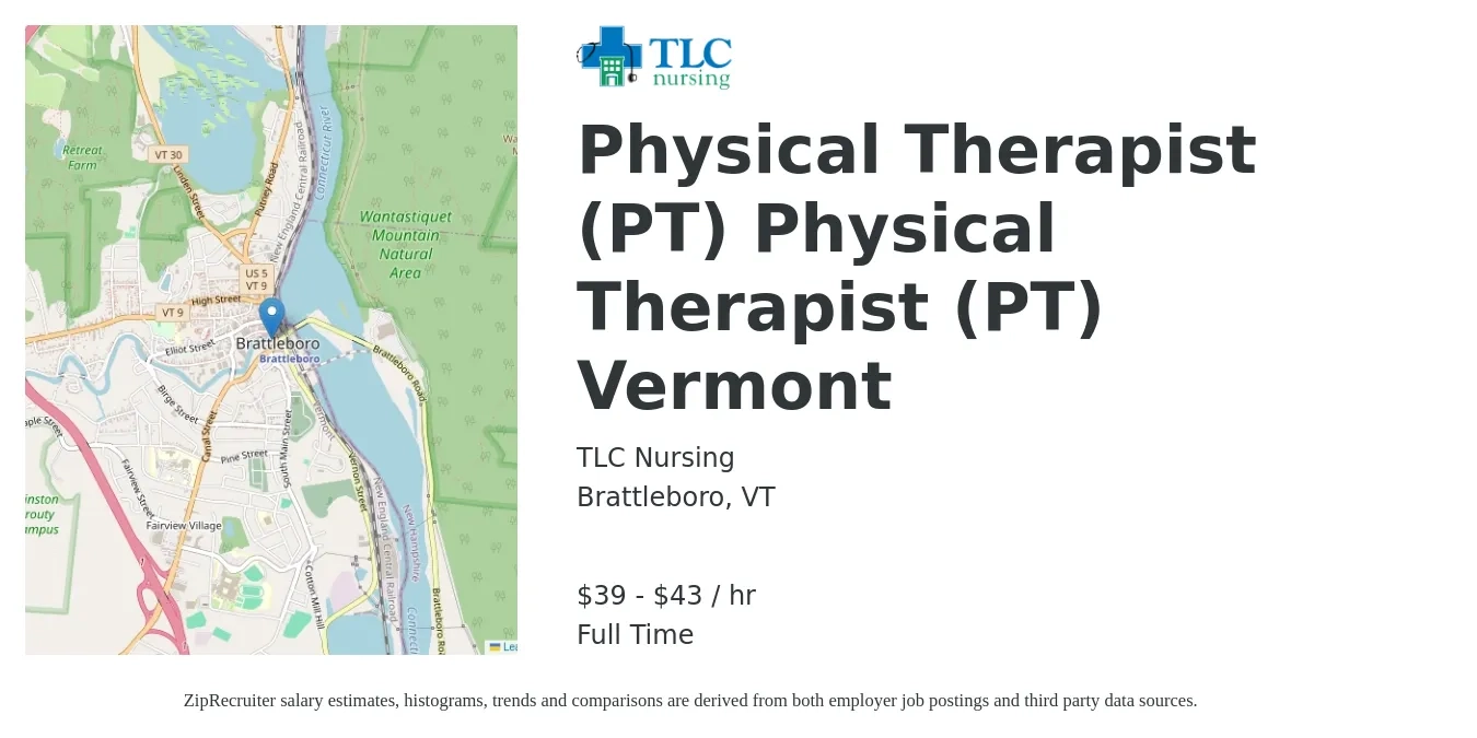 TLC Nursing job posting for a Physical Therapist (PT) Physical Therapist (PT) Vermont in Brattleboro, VT with a salary of $41 to $45 Hourly with a map of Brattleboro location.