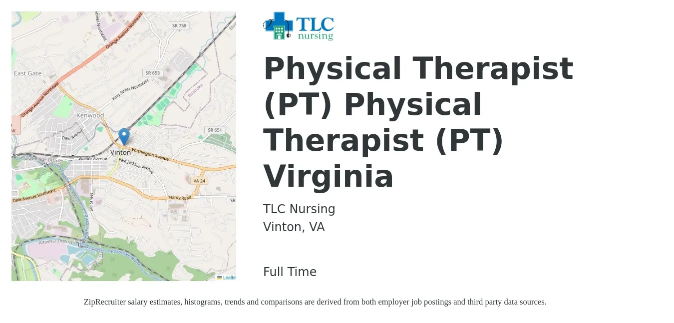 TLC Nursing job posting for a Physical Therapist (PT) Physical Therapist (PT) Virginia in Vinton, VA with a salary of $1,630 to $2,110 Weekly with a map of Vinton location.