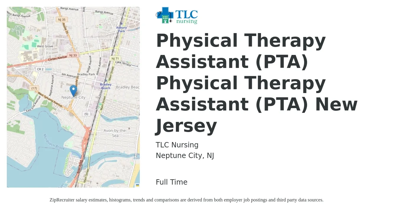 TLC Nursing job posting for a Physical Therapy Assistant (PTA) Physical Therapy Assistant (PTA) New Jersey in Neptune City, NJ with a salary of $30 to $39 Hourly with a map of Neptune City location.