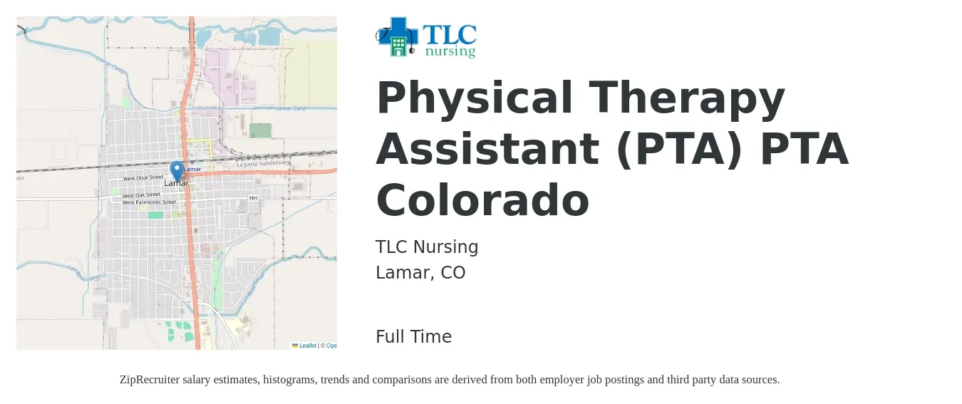 TLC Nursing job posting for a Physical Therapy Assistant (PTA) PTA Colorado in Lamar, CO with a salary of $30 to $40 Hourly with a map of Lamar location.