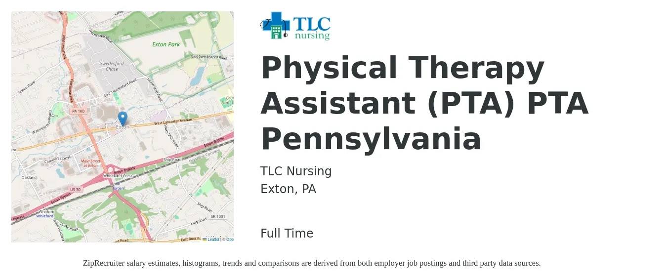 TLC Nursing job posting for a Physical Therapy Assistant (PTA) PTA Pennsylvania in Exton, PA with a salary of $27 to $36 Hourly with a map of Exton location.