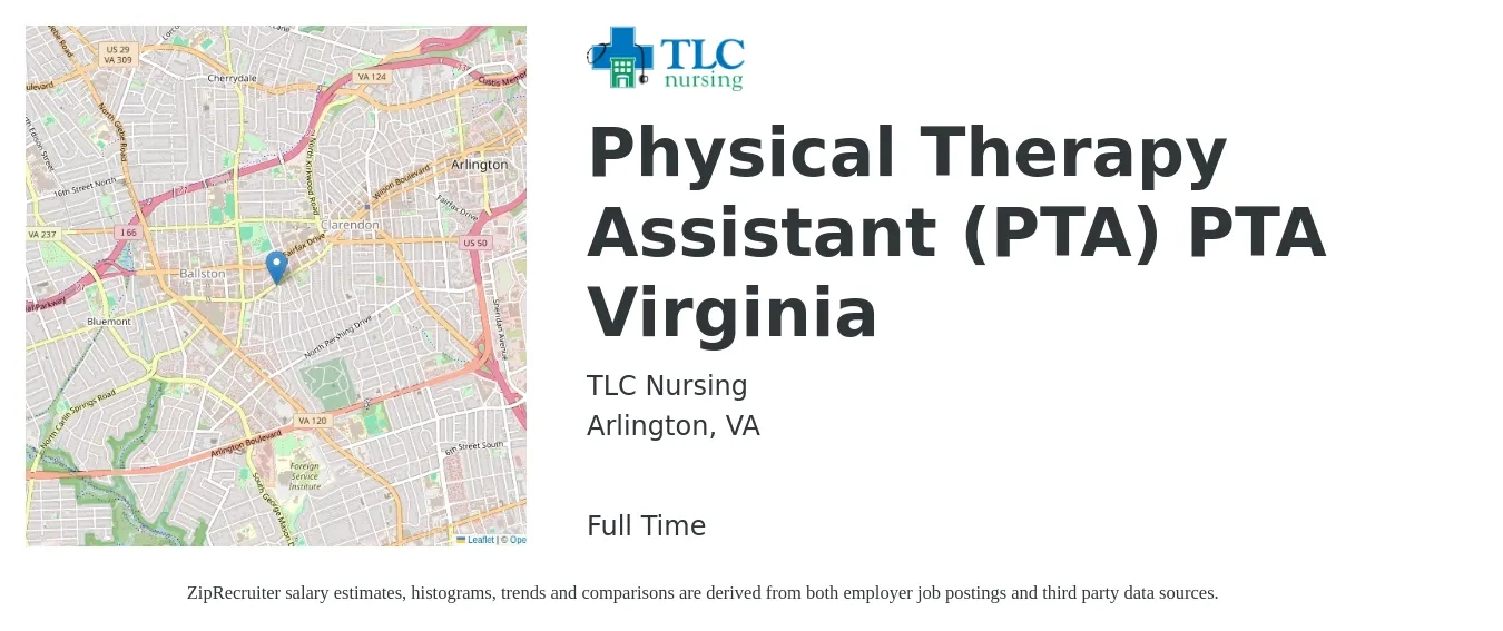 TLC Nursing job posting for a Physical Therapy Assistant (PTA) PTA Virginia in Arlington, VA with a salary of $32 to $42 Hourly with a map of Arlington location.
