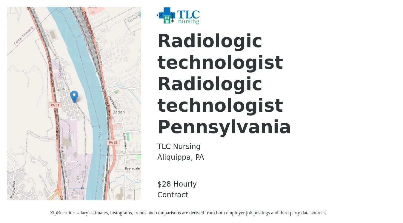 TLC Nursing job posting for a Radiologic technologist Radiologic technologist Pennsylvania in Aliquippa, PA with a salary of $30 Hourly with a map of Aliquippa location.