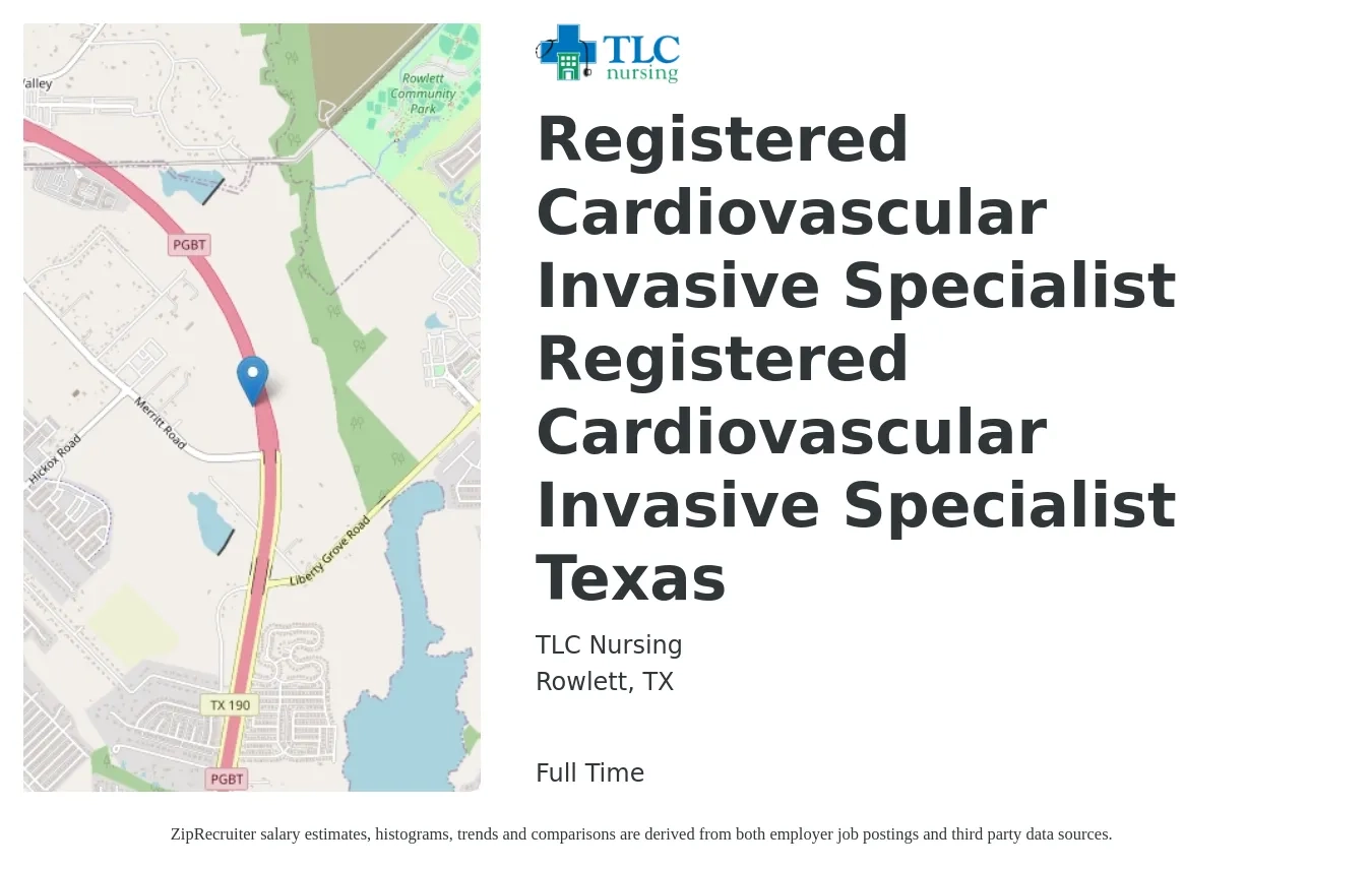TLC Nursing job posting for a Registered Cardiovascular Invasive Specialist Registered Cardiovascular Invasive Specialist Texas in Rowlett, TX with a salary of $42 to $65 Hourly with a map of Rowlett location.