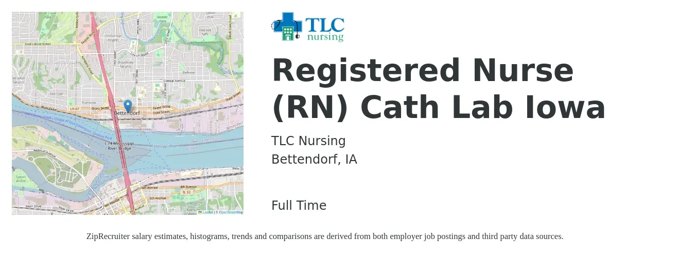 TLC Nursing job posting for a Registered Nurse (RN) Cath Lab Iowa in Bettendorf, IA with a salary of $32 to $48 Hourly with a map of Bettendorf location.