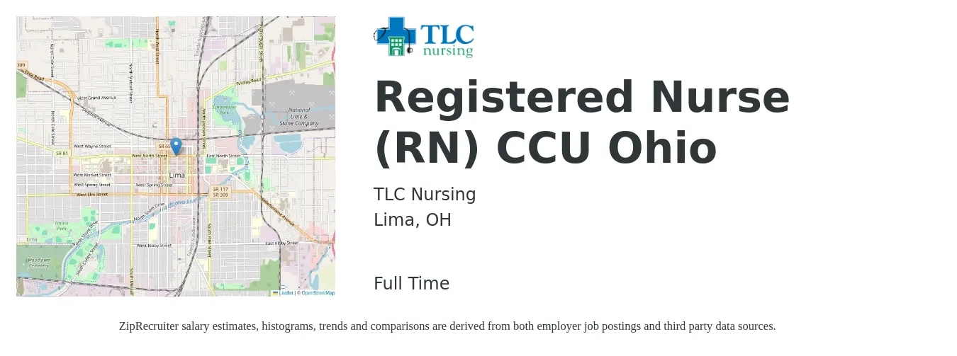 TLC Nursing job posting for a Registered Nurse (RN) CCU Ohio in Lima, OH with a salary of $34 to $52 Hourly with a map of Lima location.