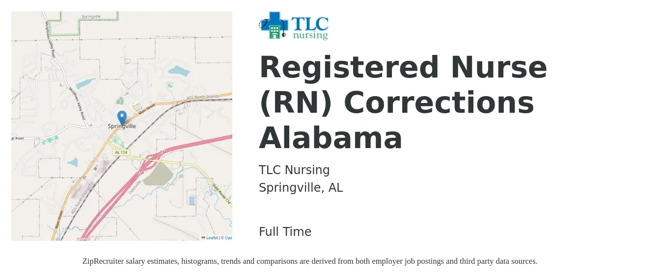 TLC Nursing job posting for a Registered Nurse (RN) Corrections Alabama in Springville, AL with a salary of $32 to $50 Hourly with a map of Springville location.