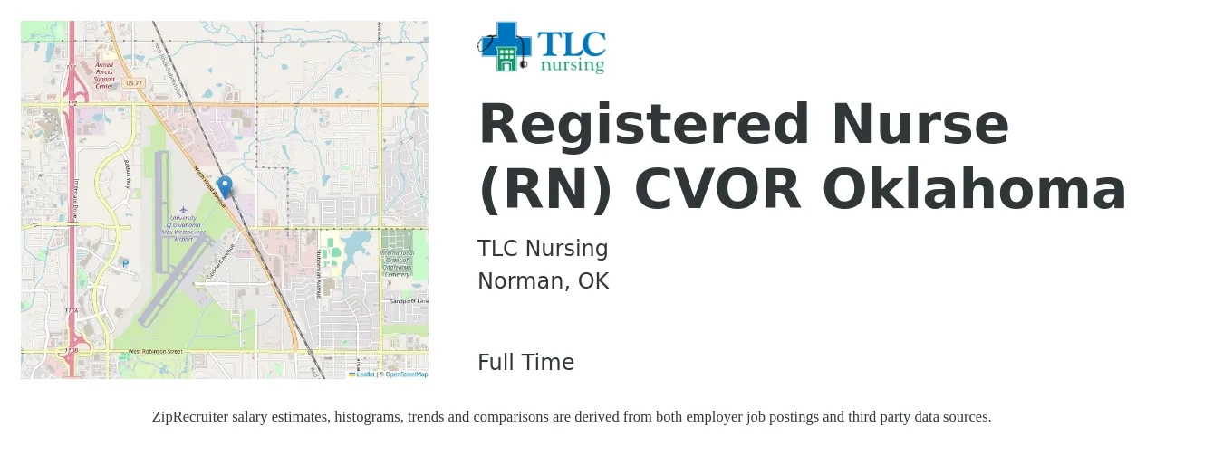 TLC Nursing job posting for a Registered Nurse (RN) CVOR Oklahoma in Norman, OK with a salary of $30 to $47 Hourly with a map of Norman location.