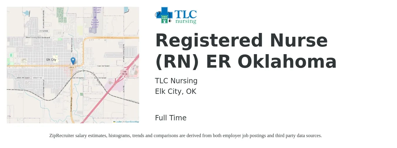 TLC Nursing job posting for a Registered Nurse (RN) ER Oklahoma in Elk City, OK with a salary of $1,760 to $2,500 Weekly with a map of Elk City location.