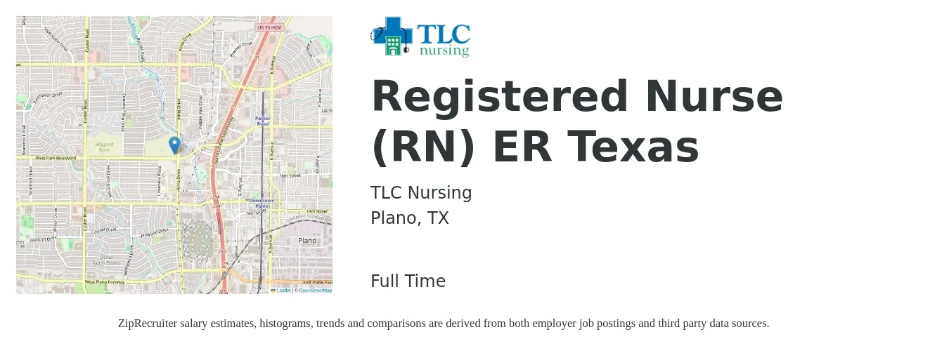 TLC Nursing job posting for a Registered Nurse (RN) ER Texas in Plano, TX with a salary of $1,900 to $2,690 Weekly with a map of Plano location.