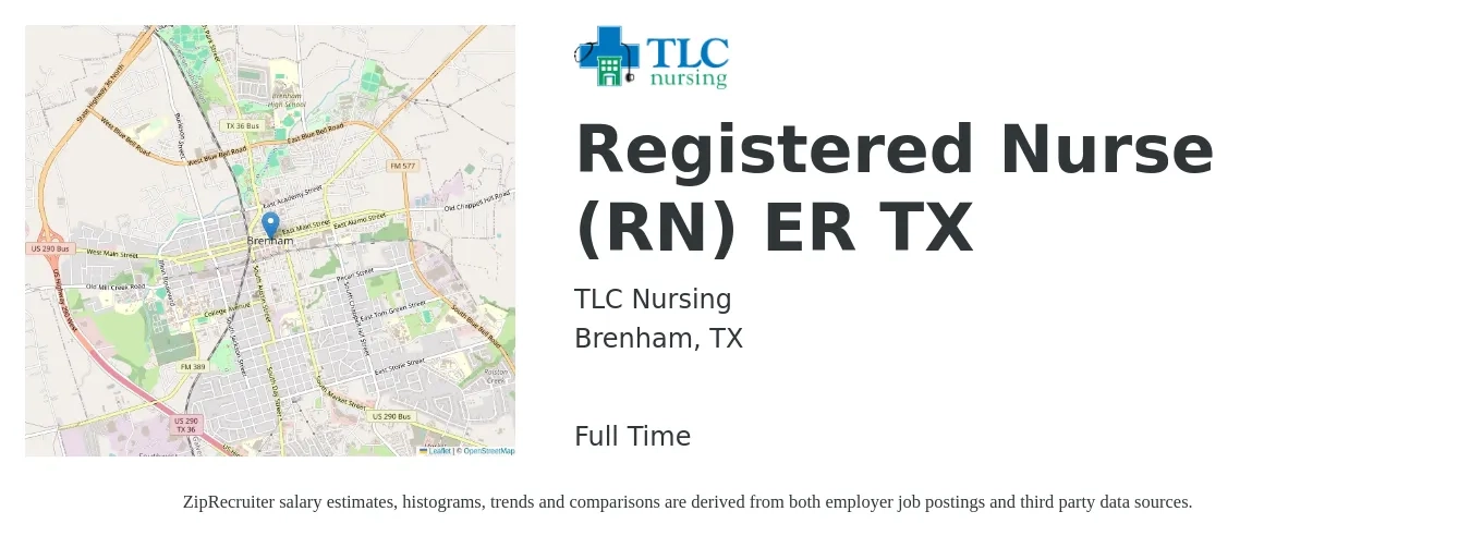 TLC Nursing job posting for a Registered Nurse (RN) ER TX in Brenham, TX with a salary of $1,660 to $2,360 Weekly with a map of Brenham location.