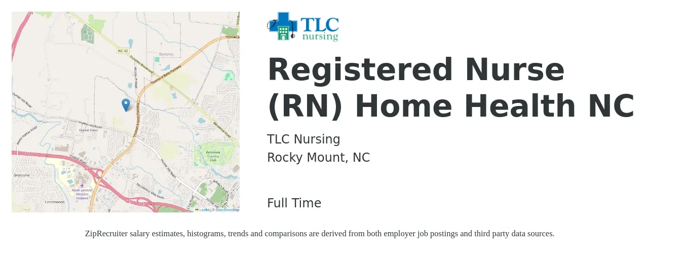 TLC Nursing job posting for a Registered Nurse (RN) Home Health NC in Rocky Mount, NC with a salary of $1,460 to $2,190 Weekly with a map of Rocky Mount location.