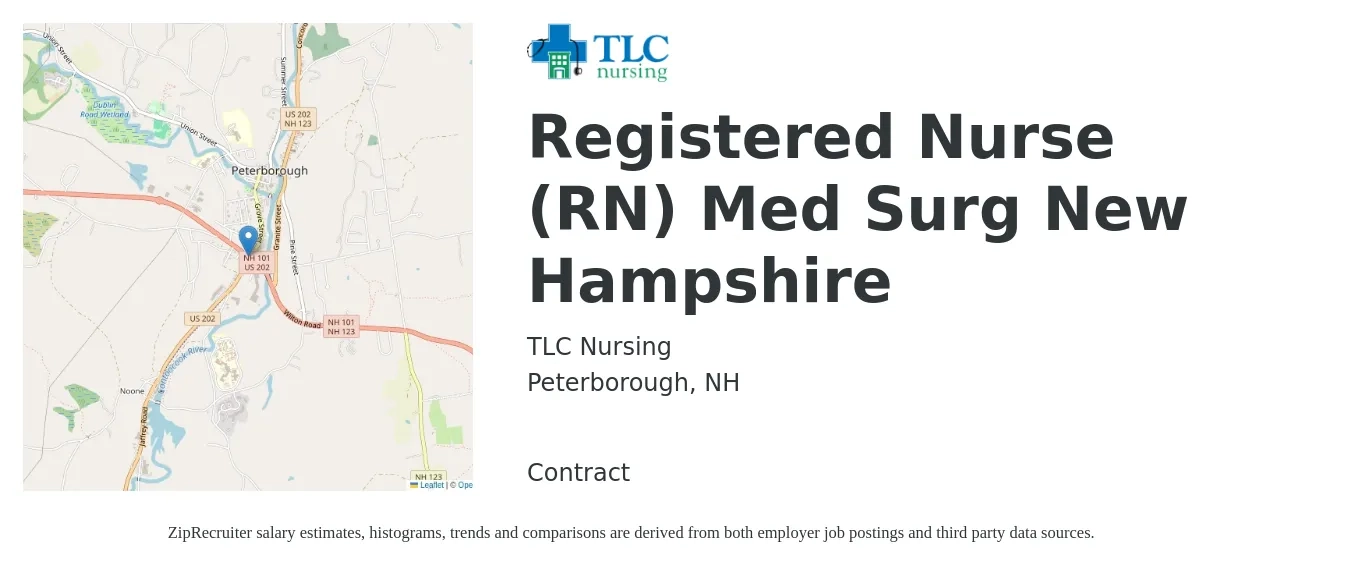TLC Nursing job posting for a Registered Nurse (RN) Med Surg New Hampshire in Peterborough, NH with a salary of $1,990 to $2,800 Weekly with a map of Peterborough location.